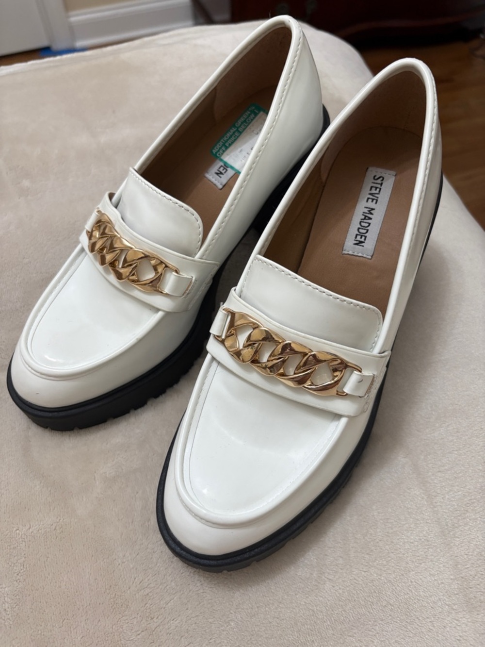Steve Madden White Loafers with Gold Chain Accent